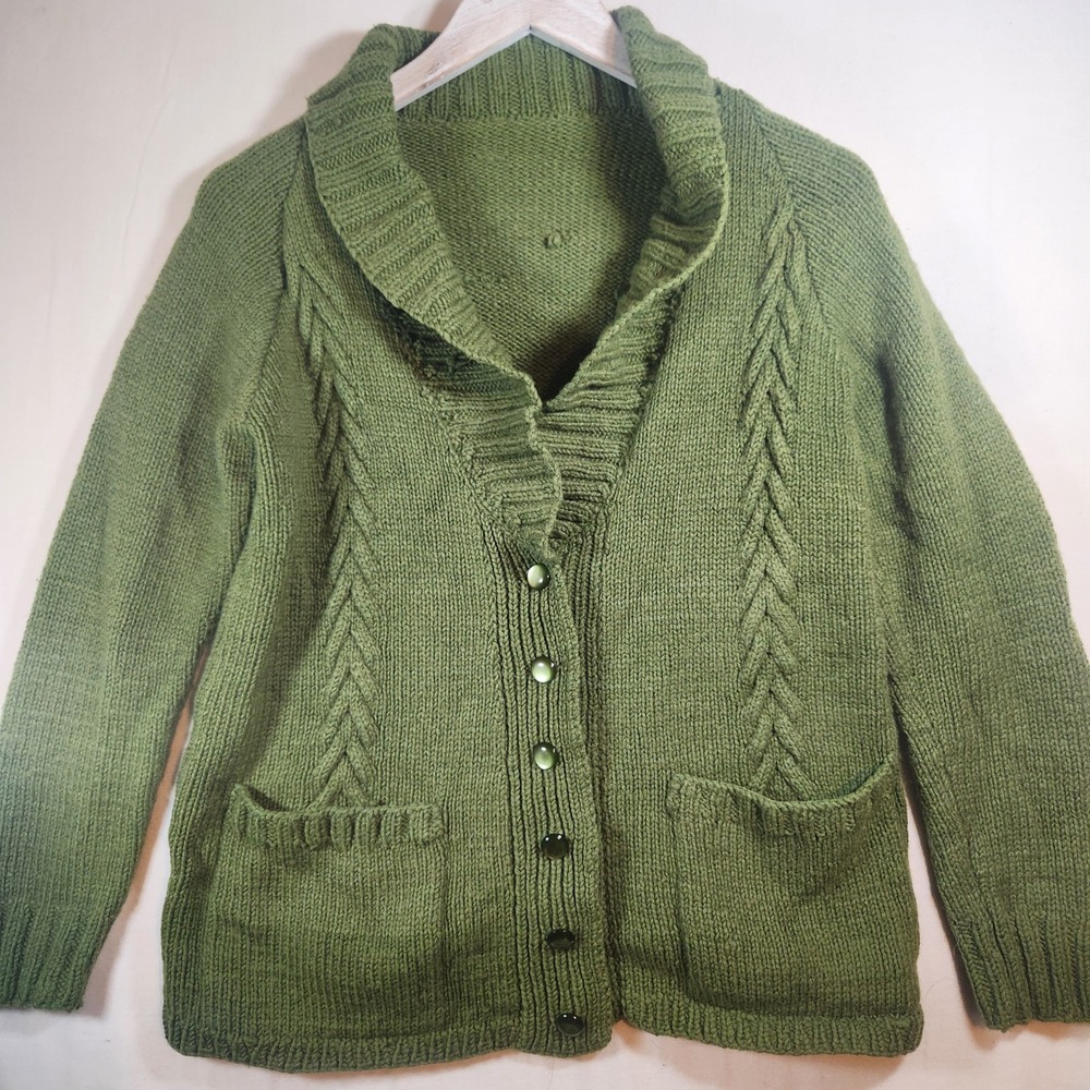 Handmade Olive Green Cable Knit Shawl Collar Cardigan Sweater with Pockets